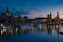 Germany, Saxony,Dresden, Old Town Waterfront At Night