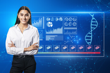 young caucasian businesswoman standing next to holographic projection. Futuristic medicine research gene therapy health analysis laboratory chemistry illustration. Hologram on blurry blue background.