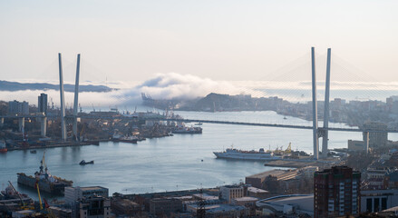 Fototapete - Vladivostok cityscape view. Fog over the city.