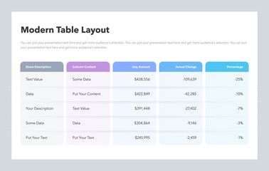 Poster - Modern table layout template with five colorful columns. Flat design, easy to use for your website or presentation.