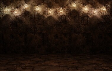 Grunge wall background with vintage bulbs.3D rendering