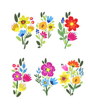 Set Of Vector Bright Flowers And Leaves