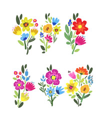 Set of vector bright flowers and leaves