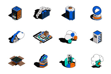 Fototapete - Cloud technology 3d isometric icons set. Pack elements of racks, computer, microchip, network, data computing, information, server hardware and other. Vector illustration in modern isometry design