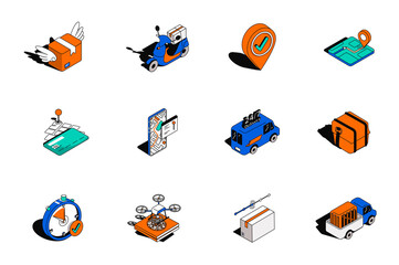 Aufkleber - Delivery service 3d isometric icons set. Pack elements of parcel fast, shipping, online tracking, credit card, truck, transport, flying drone and other. Vector illustration in modern isometry design