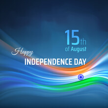 August 15, Independence Day India, Vector Template. Abstract India Flag Background. Blurred Light Lines Of Indian Flag Colors In Blue Sky. National Holiday 15th Of August. Happy Independence Day Card
