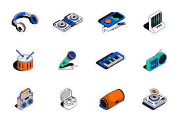 Leinwandbilder - Music 3d isometric icons set. Pack elements of headphones, dj player, equalizer, drum, microphone, piano, radio, earphones, musical speaker and other. Vector illustration in modern isometry design