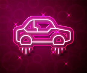 Wall Mural - Glowing neon line Fantastic flying car icon isolated on red background. Hover car future technology future transport. Vector