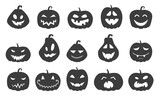 Fototapeta  - Collection of funny Halloween pumpkins silhouettes isolated on a white background. Vector illustration