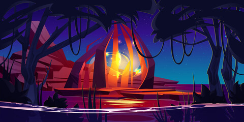Wall Mural - magic portal in tropical forest on stone platform near water pond, mysterious night landscape. carto