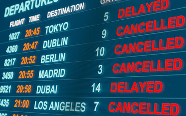 Airport flight table. Cancelled or delayed flights to Dublin, Berlin, Madrid or Dubai. Close up flight departure board. International airport, tourism and travel concept. 3D illustration