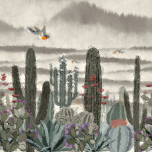 Wallpaper Pattern Painting Plants Cactus Desert Birds Vintage Landscape Background With Sky Background