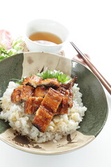 Wall Mural - Japanese summer gourmet, grilled eel on rice with copy space