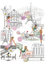 Series Of Street Views With Beautiful Women And Sights In France. Hand Drawn Vector Architectural Background With Historic Buildings.