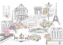 Series Of Street Views With Cafes In Paris. Hand Drawn Vector Architectural Background With Historic Buildings.