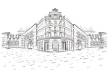 Series Of Street Views In The Old City. Hand Drawn Vector Architectural Background With Historic Buildings.