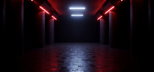 Wall Mural - Futuristic Sci Fi Concrete Grunge Garage Hallway Hangar Basement Showroom Parking Stage Tunnel Corridor Cyber Glowing Neon Strips Dark 3D Rendering