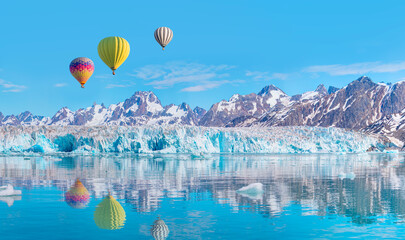 Wall Mural - Hot air balloon flying over Knud Rasmussen Glacier near Kulusuk - Greenland, East Greenland