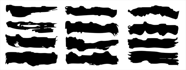 Wall Mural - Vector collection of artistic grungy black paint hand made creative brush stroke set isolated on banner background. A group of abstract grunge sketches for design education or graphic art decoration