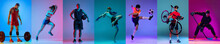 Sport Collage Of Professional Athletes Posing Isolated On Gradient Multicolored Background In Neon. Concept Of Motion, Action, Active Lifestyle, Achievements, Challenges