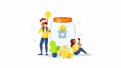 Wall Mural - Jar with coins and young family. Money saving or accumulating, Financial services, Home deposit concept. Animation video.