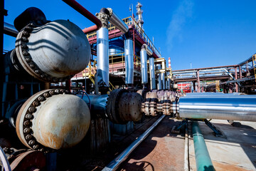 Refinery factory oil area with constructions. Petrochemical industrial background