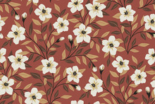 Seamless Floral Pattern With Autumn Botany, Small Flowers, Foliage On Branches. Decorative Botanical Background, Ditsy Print With Hand Drawn Flowers, Branches, Leaves On Brown Field. Vector.