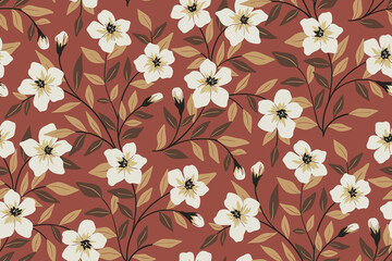 Seamless floral pattern with autumn botany, small flowers, foliage on branches. Decorative botanical background, ditsy print with hand drawn flowers, branches, leaves on brown field. Vector.