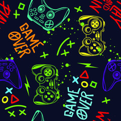 Wall Mural - Abstract Seamless hand drawn pattern with joystick. Gamer elements for boy t-shirt design. Repeat print with gamepad sign for boys textile and more
