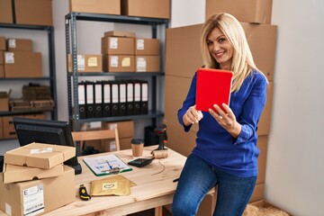 Sticker - Middle age blonde woman business worker using touchpad at office