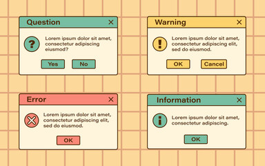 Vector set of retro vaporwave modal windows. Vintage error, information, warning and question dialog windows. Nostalgic UI. Retro computer interface.