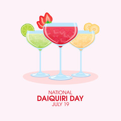 National Daiquiri Day vector. Strawberry, lime and banana drink icon set vector. Set of alcoholic daiquiri cocktails vector. July 19. Important day