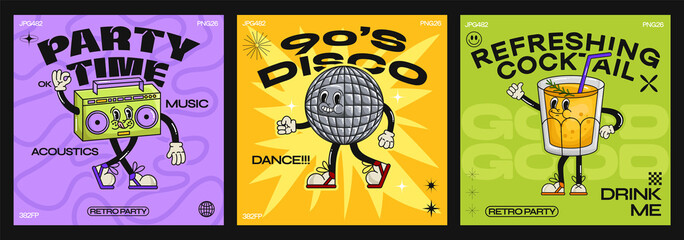 Cartoon characters retro disco 90s.Fashion poster. funny colorful characters in doodle style, disco ball, vinyl, tape recorder, cocktail. Vector illustration with typography elements