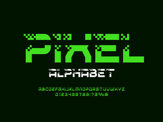 Wall Mural - pixel style font design with uppercase, numbers and symbol