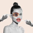 © master1305 - Contemporary art collage. Young woman doing lip augmentation surgery with hyaluronic acid fillers