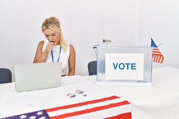 Sticker - Young caucasian woman at america political campaign election feeling unwell and coughing as symptom for cold or bronchitis. health care concept.