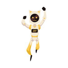 Cheerful Robot Mascot With Cat Ears Jumping, Flat Vector Illustration Isolated On White Background.