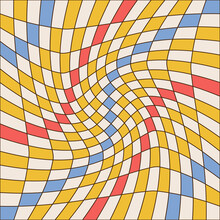 Twisted Checkered Colorful Background With Linear Contour. Abstract Vector Cell Pattern In 70s Groovy Style. Retro Wavy Psychedelic Checkerboard Backdrop