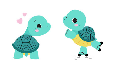 Wall Mural - Cute turquoise turtle baby animals set. Tortoise reptilian animal character rollerblading cartoon vector illustration