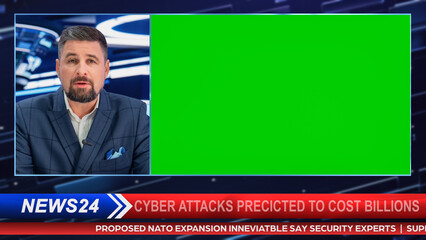 Split Screen TV News Live Report: Anchor Talks, Reporting. Reportage Edit with Picture in Picture Green Screen. Side by Side Chroma Key Display. Television Program on Cable Channel Concept.