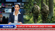 © Gorodenkoff - Split Screen TV News Live Report: Anchorwoman Talks. Reportage Edit with Photo of Squad of Fully Equipped, Armed Soldiers Being Attacked and Bombed During Intense Combat. Brave Soldiers Fighting.