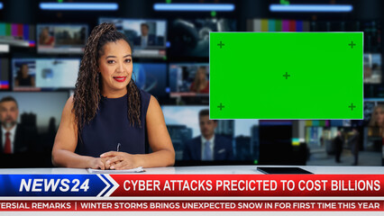 Split Screen TV News Live Report: Anchor Talks, Reporting. Reportage Edit with Picture in Picture Green Screen. Side by Side Chroma Key Display. Television Program on Cable Channel Concept.