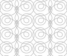 Stock Simple Vector Seamless Pattern Of Thin Interlacing Black Lines Isolated On A White Background.Linear Texture Of Intersecting Spirals And Rhombuses.