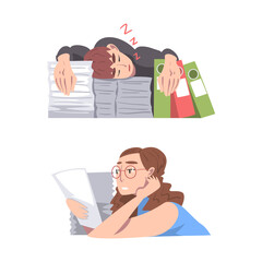 Sticker - Overloaded male and female office employees sitting at desk with heap of document folders cartoon vector illustration