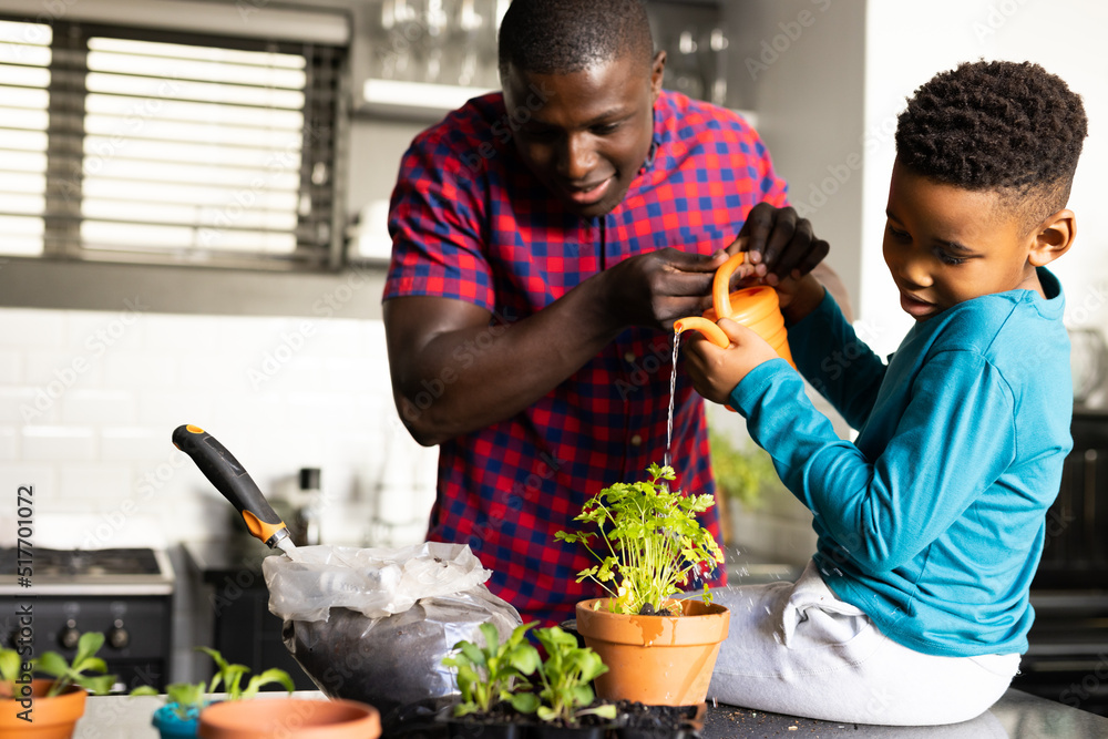 Image of smiling african american boy with father watering plant Stock ...