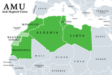 Poster - Arab Maghreb Union, AMU member states political map. Simply Maghreb Union, MU, political and economic union trade agreement among Arab countries States, primarily located in the Maghreb, North Africa.