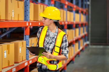 A women in charge of a large warehouse is checking the number of items in the warehouse that he is responsible for.