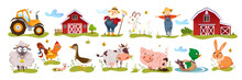 Farm Set With Cute Animals, Farmer Character, Barn Houses, Yellow Tractor And Scarecrow On White Background. Wooden Farmhouse Or Stable With Cartoon Funny Farming Pets Flat Vector Illustration.