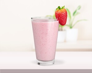 Wall Mural - Tasty iced pink milk. Cold sweet drink mix with milk and ice in glass