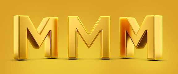 Wall Mural - Letter M in 3d metal gold with shadow caster and yellow background